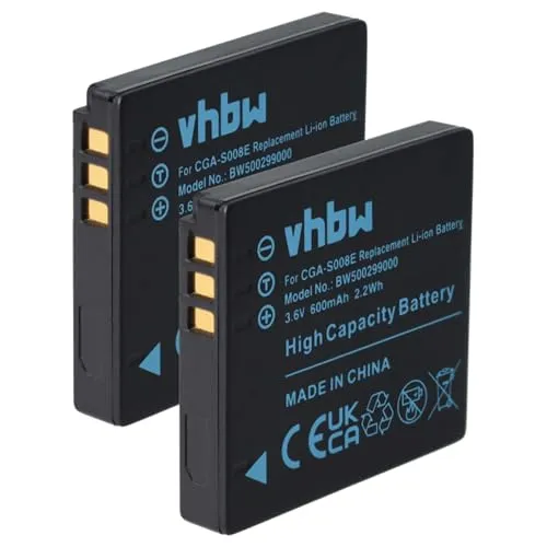 vhbw 2X Akku kompatibel mit Panasonic Lumix DMC-FS20, DMC-FS3, DMC-FX33, DMC-FX35, DMC-FS5, DMC-FX30 Kamera (600 mAh, 3,6 V, Li-Ion)