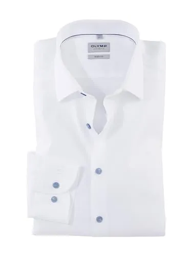 OLYMP LEVEL FIVE Body Fit Herren Hemd Langarm 43 - Elegantes Herrenhemd in strahlend weißem Baumwollpopeline mit Kontrastknöpfen in Rauchblau. Ideal für einen modernen Look im Business-Alltag.