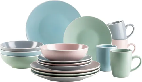 MÄSER 934006 Serie Elissa - 16-teiliges Kombiservice für 4 Personen - Buntes Geschirr Set aus hochwertigem Steinzeug mit matten Glasuren, spülmaschinenfest und mikrowellengeeignet – ideal für fröhliche Essmomente.
