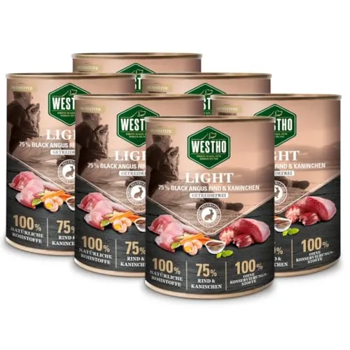 WESTHO Nassfutter Light | 75% Black Angus Rind & Kaninchen - Dosenfutter für Hunde, getreidefrei, ideal für ältere und übergewichtige Hunde, mit Glucosamin für gesunde Gelenke und hochwertigen Proteinen für optimale Ernährung.