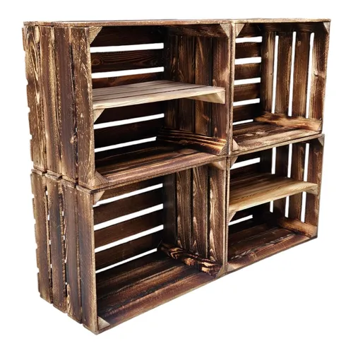 Obstkisten Weinkisten Holz Geflammt 4er Set - Regale & Aufbewahrung - Stilvolle, stapelbare Holzkisten im Vintage-Look, ideal für kreative Aufbewahrungslösungen in jedem Raum.