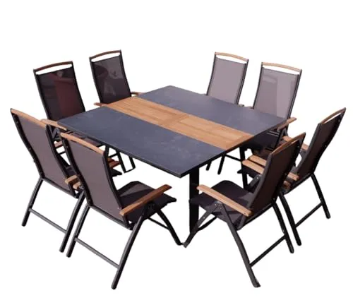 ALEOS. Gartengarnitur Gartenset Aluminium Teak Set mit quadratischem Ausziehtisch 150x110cm auf 150cm ausziehbar + 8 Hochlehner anthrazit Trinidad