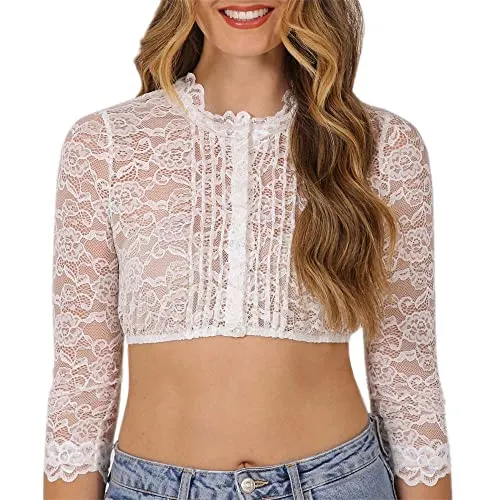 Krüger Dirndlbluse Margareta Creme Spitze Spitzenbluse hochgeschlossen Langarm Gr 38