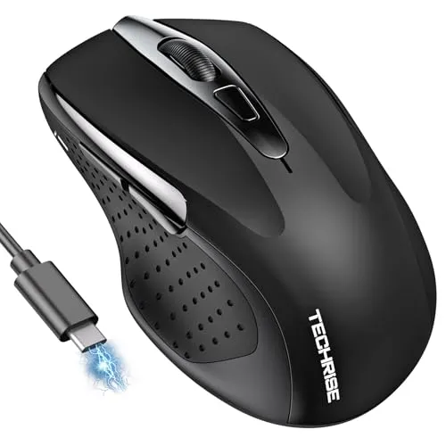 TechRise Bluetooth Maus, 2.4G Maus Kabellos (BT 5.0/3.0 + 2.4G) 4800 DPI Wiederaufladbare Ergonomische Mouse, USB-A Empfänger, 6 Stufen DPI Stille Funkmaus für Laptops, Computer, PC, Windows, Schwarz