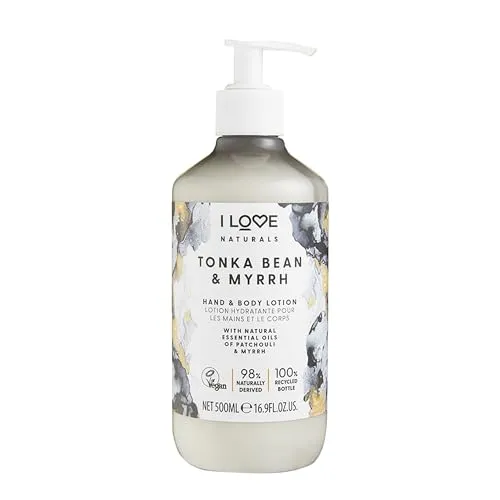 I Love Naturals Tonka Bean & Myrrh Hand & Body Lotion, Essential Oils Of Patchouli & Myrrh, Crafted With Ingredients Such as Shea Butter, 100% Recycled Bottle & Vegan-Friendly - 500ml