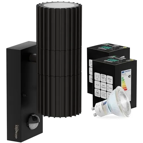 Oktaplex Para Aluminium Aussenlampe mit Bewegungsmelder inkl. 2x GU10 2700K warmweiß 450lm Außenleuchte IP44 schwarz 230V - Energieklasse A