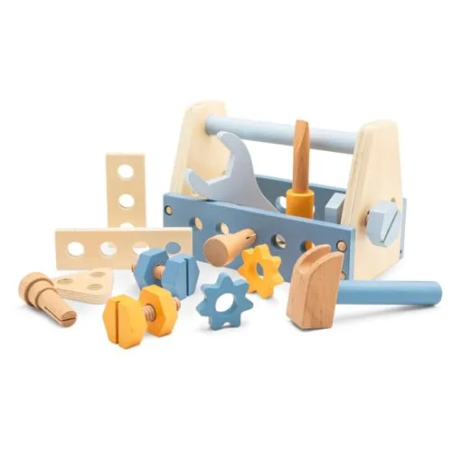 Woet® Holz Werkzeugkoffer Kinder, Spielzeug Werkzeug Set, Rollenspiel Baustelle, Schrauben und Muttern, Bauen Lernen, Feinmotorik, Problemlösung, Montessori, Ab 3 Jahren
