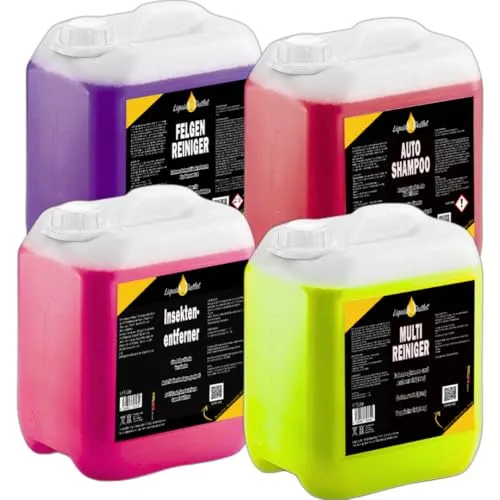 Liquid Outlet Reinigungsset – Autoshampoo, Felgenreiniger, Insektenentferner & Multireiniger je 5L Konzentrat – Für Lack, Felgen, Innenraum & Polster – Auch für Nasssauger & Blowguns