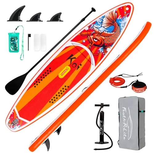 FunWater 320CM&350CM Stand Up Paddle Board Mit Vollem Zubehör Paddleboard SUP Board Mit Verstellbares Paddel, Pumpe, Reiserucksack, Leine, wasserdichte Tasche (350CM KOI-ROT Klassic)