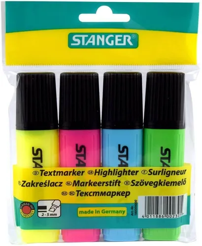 STANGER Textmarker Markierstift 4Stk, 4 Farben Gelb, Pink, Blau, Grün, 1-5mm
