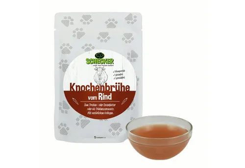 Schecker Knochenbrühe für Hunde – Weide-Rind, 4 Sorten - Schmackhafte Knochenbrühe als Ergänzungsfutter für Hunde. Ideal zur Steigerung der Flüssigkeitsaufnahme und zur Verfeinerung von Futter. Perfekt für jeden Hund, ob wählerisch oder in Erholungsphasen.