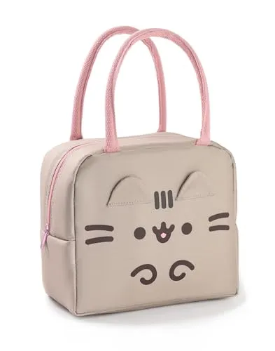Pusheen Lunchtasche für Damen | Braune und rosa Lunchbox für Frauen | Niedlicher Katzendruck mit 3D-Ohren | Lunchtasche mit Reißverschluss in Einheitsgröße | Kawaii-Cartoon-Popkultur-Fanartikel
