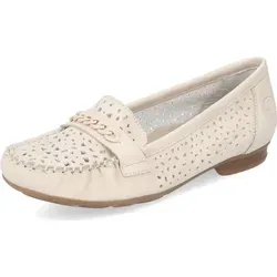 Rieker Damen Komfort Slipper 40068-60 Beige 40 EU - Stylischer Slipper von Rieker in Beige, mit weicher Gummisohle und modischem Lochmuster für optimalen Tragekomfort und rutschhemmende Eigenschaften - ideal für Alltag und Freizeit.