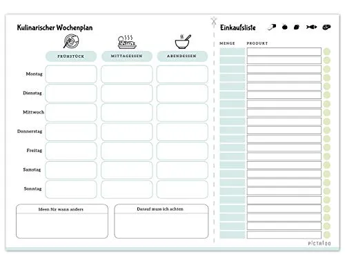 Kulinarischer Wochenplaner, Menüplaner & Einkaufsliste Din A4 mit 50 Blatt - Essensplaner Block für die ganze Woche inkl. Platz für Ideen – Menueplan, Mahlzeiten Planer, Speiseplan (blau)