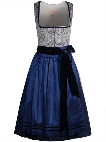 KRÜGER COLLECTION Dirndl Callista 70cm Länge blau - Elegantes Dirndl Callista in Blau mit gemustertem Mieder und samtiger Schürze. Der gerade Schnitt und die praktischen Nahttaschen machen es zum perfekten Begleiter für festliche Anlässe.