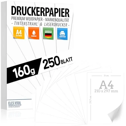 Druckerpapier A4 160g weiß, 250 Blatt – PREMIUM PAPIER Reinweiß, DIN A4