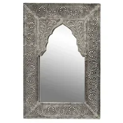 Marrakesch Orientalischer Vintage Spiegel Malik - 42cm Silber - Handgefertigter orientalischer Spiegel aus Indien, verziert mit aufwendigen Messingmustern. Ideal für eine stilvolle Deko und ein Blick in die alte Kultur.
