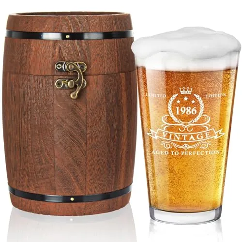 LIGHTEN LIFE Geschenke zum 40. Geburtstag für Männer 450 ml,1986-Bierglas in Fassbox, Geschenkideen zum 40. Geburtstag,1986-40.-Bierglas für 40 Jahre alten Vater,Ehemann