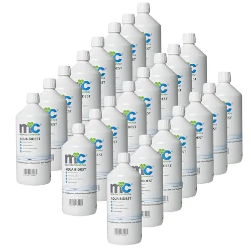 Medicalcorner24 Aqua Bidest - 23x 1 Liter Flaschen, Laborwasser 23 Liter, 2-fach destilliertes Wasser, bidestilliertes Wasser,