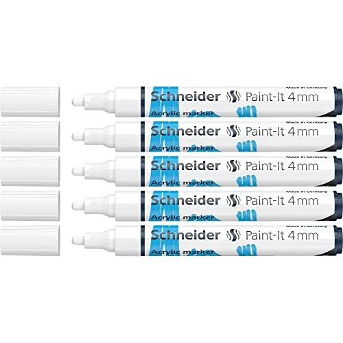 Schneider 120249 Paint-It Acrylstifte (mit 4 mm Rundspitze, hochdeckende Acrylfarben für Holz, Leinwand, Stein uvm.) 5er Pack, weiß