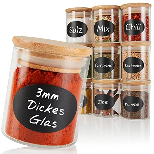 CLIDOR Gewürzgläser Rund - 12 x 125ml Set, Erhöhte Glasstärke, Stapelbare Gewürzdosen mit Bambusdeckel, luftdichte Gewürzbehälter für die Küche, Spice Jars, übersichtliche Gewürzaufbewahrung