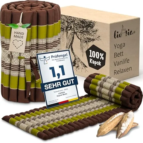 livasia Rollmatte Rollmatratze S schmal - 200x50x4,5cm - Gästebett Gästematratze 1 Person mit Muster, Reisebett Kofferraum outdoor, Thaimatte Kapok für Garten Balkon handgefertigt (Braun/Grün)