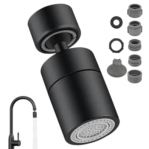 JJiaoLinin Wasserhahn Aufsatz Schwenkbar,360° Drehbar Doppelfunktion Wasserhahn Luftsprudler,mit 2 Sprühfunktion, 22mm und 24mm Gewinde Luftsprudler Aufsatz Wasserhahns für Küchen Bad(Schwarz)