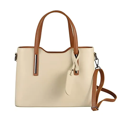 OBC Made IN Italy Damen Echt Leder Tasche Business Shopper Schultertasche Handtasche Ledertasche Umhängetasche Rindsleder Freizeittasche Beige-Braun