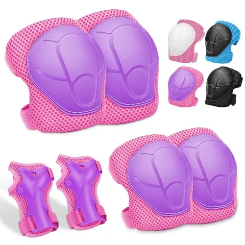 Knieschoner Kinder, Schoner Schützer Inliner Kinder, Verstellbare Knieschützer Handgelenkschützern Ellenbogenschoner, 6 in 1 für Skateboard, Inlineskates, Hoverboard, Fahrrad (Rosa/Violett)