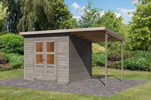 Gartenhaus KARIBU »Merseburg 5« vorvergraut mit Anbaudach - Gartenhäuser aus Fichtenholz, robust und farbig lasiert, ideal für kreative Gartengestaltung. Mit praktischem Anbaudach und Doppelflügeltür für einfachen Zugang.