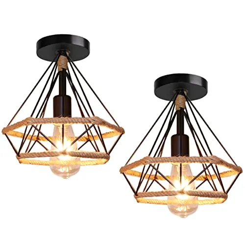iDEGU 2 Stück Deckenleuchten Industrie 25CM Deckenlampe Vintage Lampenschirme aus Metall und Hanfseil Käfig Design Retro E27 Schwarz Pendelleuchte für Küche Schlafzimmer Flur