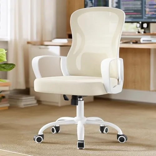 SONGMICS Bürostuhl ergonomisch, Drehstuhl mit Netzgewebe, Schreibtischstuhl mit Lendenstütze, Wippfunktion, Armlehnen, für Arbeitszimmer, Schlafzimmer, cappuccinobeige-wolkenweiß OBN043LH02