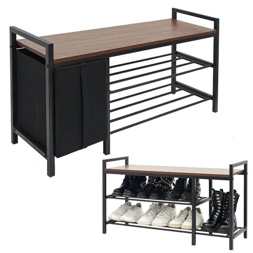 DuneDesign Schuhbank mit Sitzfläche & Korb - 92x30x52 cm - Drohnenzubehör für den Flur - Platzsparende Sitzbank mit Stauraum für bis zu 6 Paar Schuhe und herausnehmbaren Fächern für hohe Stiefel, ideal für jedes Zuhause.