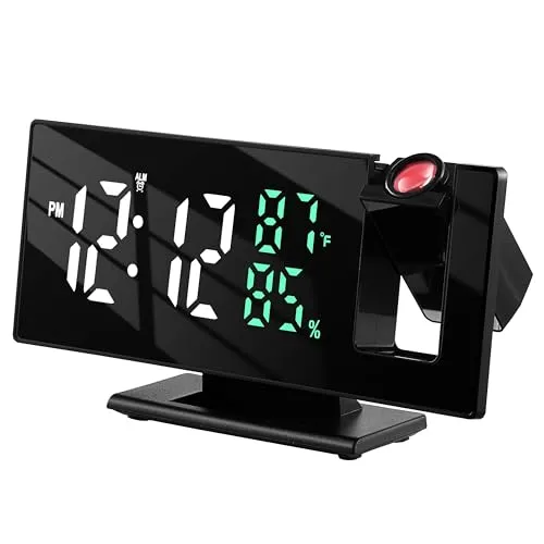 Echos Projektionswecker/LED Wecker mit Zeitprojektion Temperatur- & Luftfeuchtigkeitsanzeige 3m drehbare Uhranzeige Alarmuhr mit Schlummerfunktion Datumsanzeige 3 Helligkeitsstufen Notfallbatterie