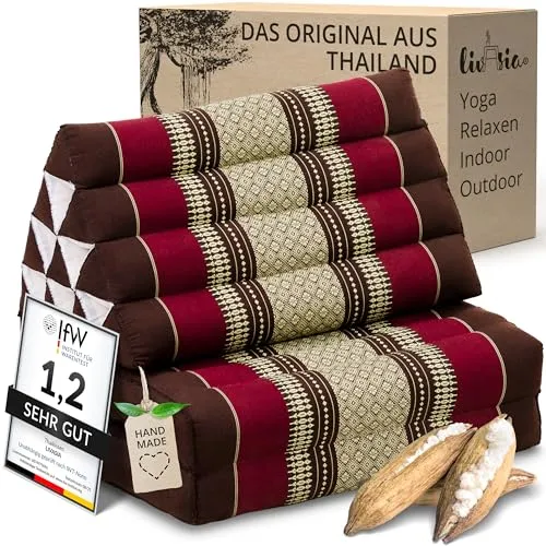 livasia Thaikissen mit 2 Auflagen - 120x50x8cm - Handgefertigtes Dreieckskissen in Weinrot - Erlebe asiatische Entspannung mit dem livasia Thaikissen! Die zwei faltbaren Auflagen bieten Komfort zum Sitzen oder Liegen und lassen sich platzsparend verstauen. Ideal für Yoga, Meditation oder entspannte Stunden im Freien.