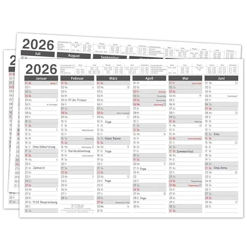 TOBJA Tafelkalender 2026 in 3er Set - DIN A4 Übersicht für wichtige Termine, Schulferien und Feiertage | Jahresplaner 2026 Wandkalender | Kalendarium 2026 im praktischen Format (3 Stück Papier)