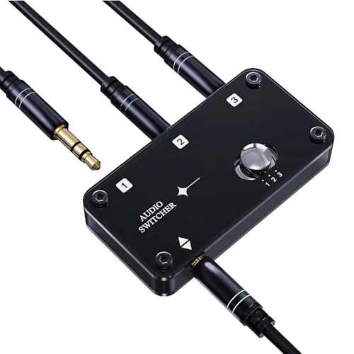 COOIDEA 3,5-mm-Jack-Audio-Switch - Bidirektionaler Audio-Umschalter für bis zu drei Geräte, kompakt und platzsparend, ideal für Schreibtische und Büros. Inklusive 1 Meter Audiokabel für sofortige Nutzung.