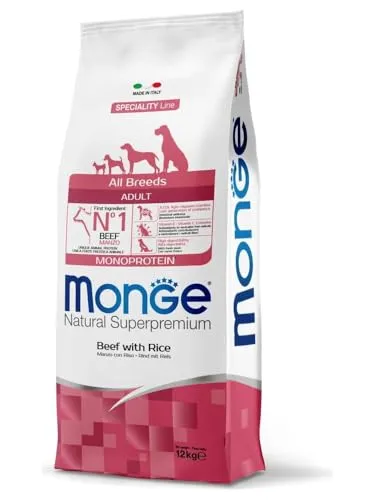 Monge Natural Superpremium Adult Beef and Rice, Hundefutter für alle Rassen (Trockenfutter für Hunde mit Rindfleisch & Reis, sehr Ballaststoff- & Vitaminreich, 12 kg)