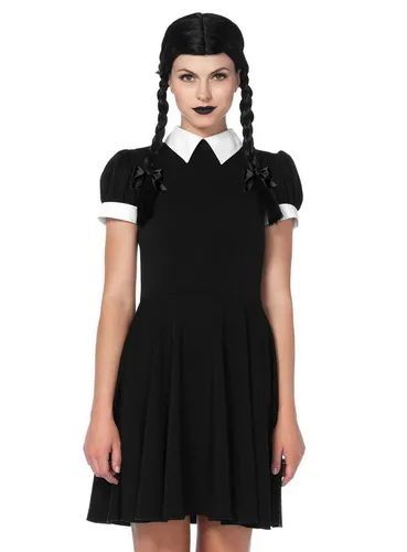Leg Avenue Gothic Schulmädchen Kostüm - Horror-Kostüme: 2-teiliges Outfit mit sexy Minikleid und schwarzer Zopfperücke, perfekt für Fasching und Halloween-Partys!