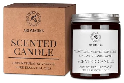Duftkerze mit Ätherischem Öl Ylang Ylang & Vetiver & Patchouli & Zimt & Sandelholz 150 g - Aromatherapie Sojawachs Kerze - Natürliches Aroma für Zuhause - Idee für Geburtstag - Weihnachten