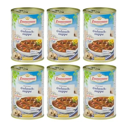 Food-United GOURMET GULASCHSUPPE 6x400ml Dose | Pikante bayerische Spezialität - Suppenkonserven & Eintopfkonserven – Erleben Sie die herzhafte Gourmet Gulaschsuppe aus Bayern mit zartem Rindfleisch und Gemüse, ideal für schnelle und köstliche Mahlzeiten.