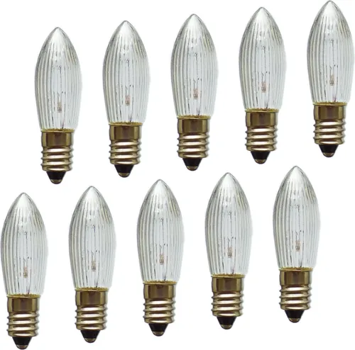 Erzgebirgslicht - AUSWAHL - 10x Topkerze Spitzkerze 55V 3W E10 für 4 Brennstellen Ersatzbirne Glühbirne Riffelkerze Glühlämpchen für Lichterketten und Schwibbogen (keine LED!)