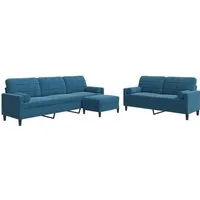 vidaXL 3-tlg. Sofagarnitur Blau Samt mit Nackenrollen - Sofas: Bequeme 3-tlg. Garnitur mit weichem Samtstoff für höchsten Komfort und modernem Design – ideal zum Entspannen und als Blickfang in jedem Wohnraum.