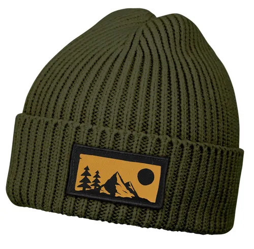 Neverless Strickmütze Herren Wintermütze Naturmotiv Beanie mit Patch Aufdruck Berge Wald