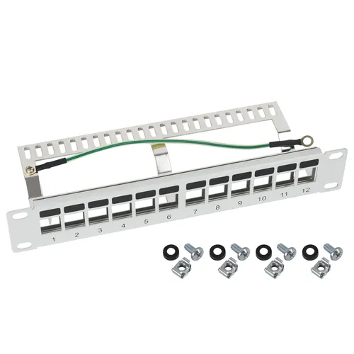 HMF 63346-07 STP Keystone-Patchpanel für Serverschrank, 12 Ports RJ45 Geschirmt, 10 Zoll, Lichtgrau