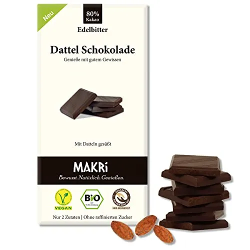 MAKRi® BIO Dattel Schokolade - ohne raffinierten Zucker, Mit Datteln gesüßt, Vegan & Fair gehandelt (Edelbitter 80%, 1 Tafel)