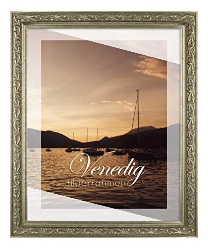 BIRAPA Bilderrahmen Venedig 25x35 cm Silber Vintage - Eleganter Holz-Bilderrahmen mit Relief-Verzierung, ideal für Fotos, Kunstdrucke oder Urkunden. Robust mit bruchfestem Kunstglas und vielseitigen Montageoptionen.