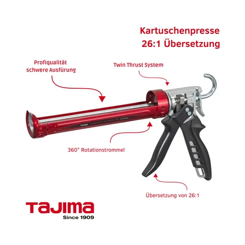 Tajima Kartuschenpresse Convoy Super 26 - Hochleistungs-Kartuschenpresse - Kartuschenpressen mit automatischer Materialflussabschaltung, ideal für präzises Arbeiten ohne Verschütten. Robuste Bauweise und 360° drehbare Trommel für Flexibilität.