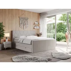 KING EIGAR Boxspringbett 180x200cm - Beige mit Doppelmatratzen - Bequemes Boxspringbett mit zwei Bettkästen und hochwertigem Topper für optimalen Schlafkomfort. Ideal für Schlafzimmer, bietet Stauraum und eine 7-Zonen-Matratze für besten Liegekomfort.