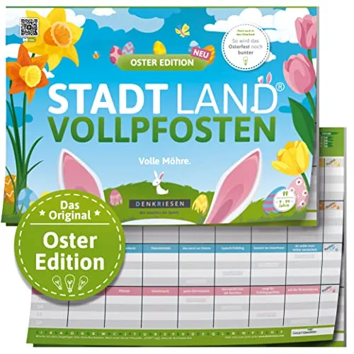 DENKRIESEN STADT LAND VOLLPFOSTEN - OSTERN EDITION (DIN A4) - Kreatives Spiel für die ganze Familie! Entdecken Sie 26 fröhliche Kategorien rund um Ostern in dieser unterhaltsamen Ausgabe des Kultspiels.
